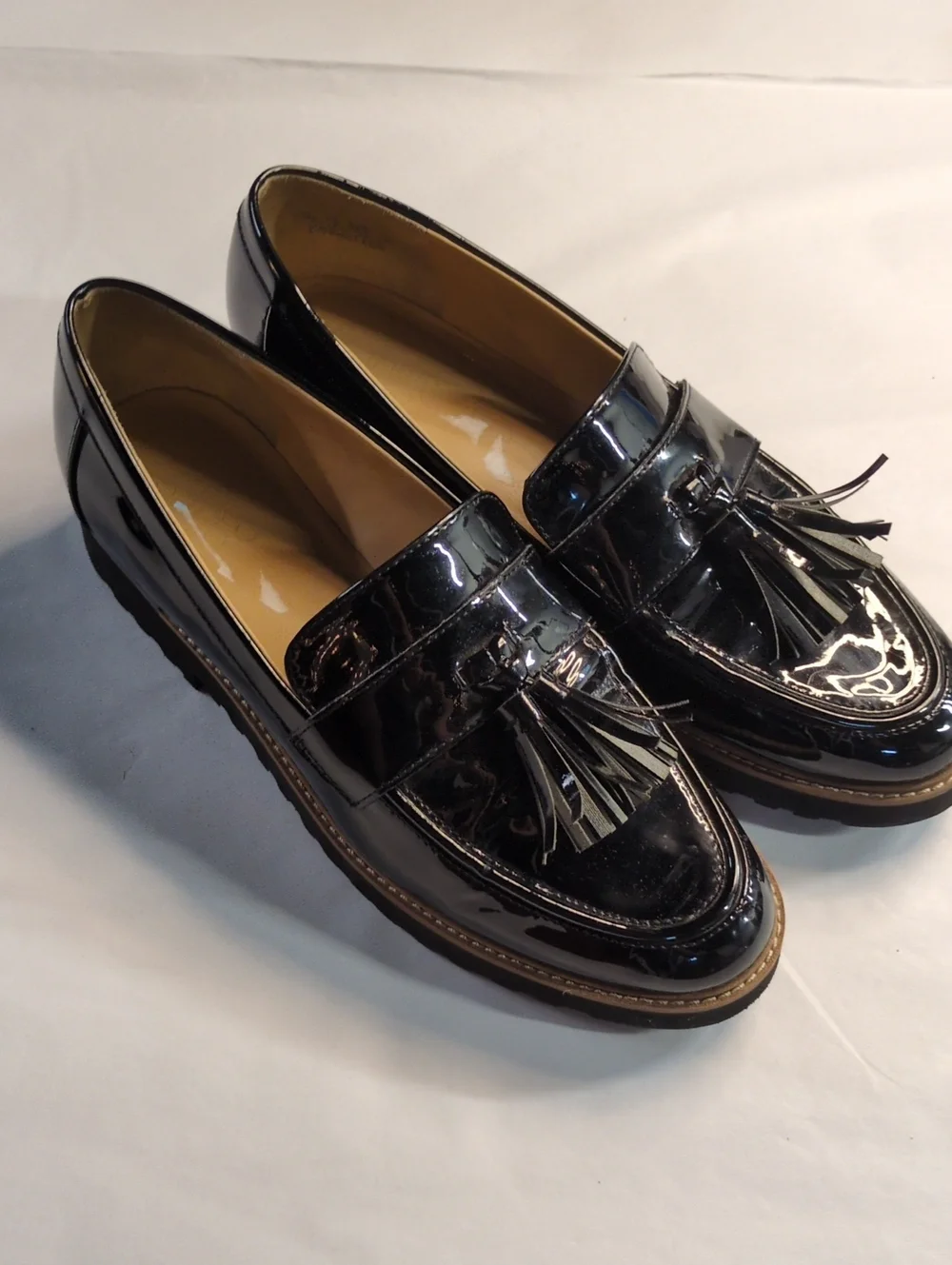 Franco Sarto Carolynn Tassel Loafer Black Faux Patent, Size 10